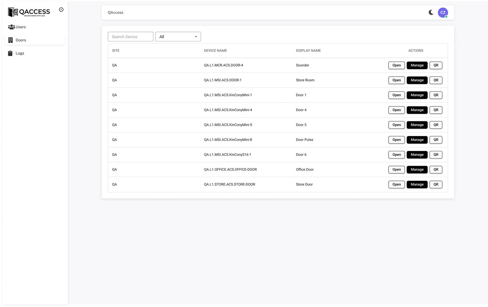 QAccess admin dashboard showing the Doors management screen