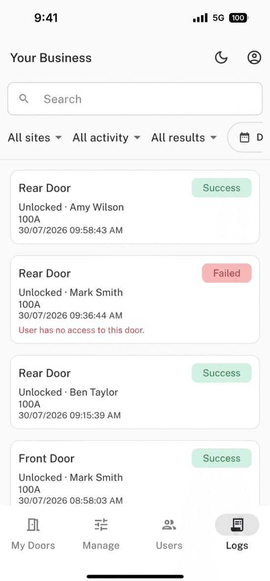 QAccess app Logs screen listing every door open attempt
